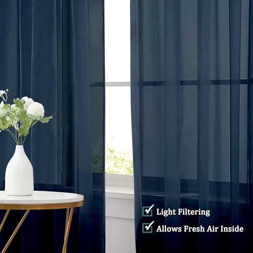 Navy Blue Sheer Valances for Windows (Navy Blue / 42"W x 16"L (Pack of 2))