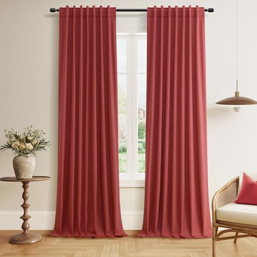 Red 100% Blackout Linen Curtains 84 Inch Length 2 Panels Set for Living Room Bedroom Back Tab (Red / 52"W x 84"L (Pack of 2))