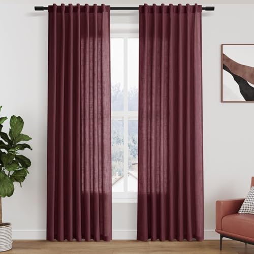 Burgundy Linen Curtains 80 Inch Length for Living Room Light Filtering Semi Sheer Curtain Back Tab Vintage Boho Decor Elegant Luxury Drapes for Bedroom Dinner Room 52x80 (52"W x 80"L (Pack of 2) / Burgundy)