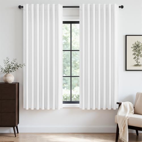 White Black Out Curtains 63 Inch Long for Bedroom Rings Hooks Back Tab Thermal Insulated Short Linen Blackout Drapes Farmhouse Living Room Darkening Kitchen Curtains 52Wx63L (Cream White / 52"W x 63"L (Pack of 2))