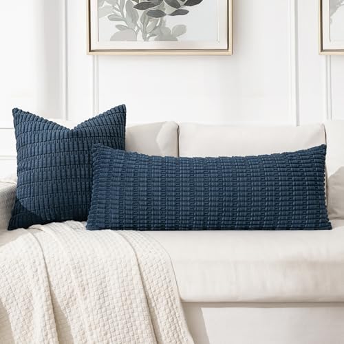 Lumbar Corduroy Throw Pillow Cover for Bed 14x36 Blue Pack of 1 (Blue / 36" x 14" (Pack of 1))