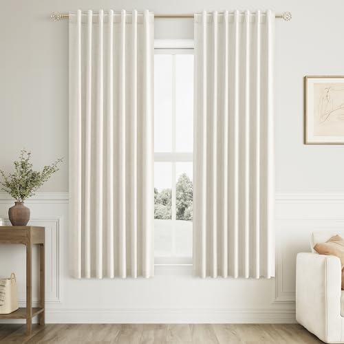 100% Blackout Linen Curtains for Bedroom 63 Inches Long Natural Cream Black Out Curtain Back Tab Thermal Insulated Room Darkening Window Drapes for Living Room 2 Panels Beige Ivory 52x63 (Cream / 52"W x 63"L (Pack of 2))