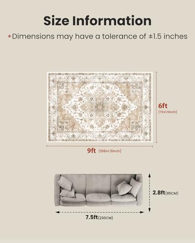 Amada 6x9 Washable Area Rug for Dining Room (6' x 9' (Rectangular) / Distressed Beige/Cream)