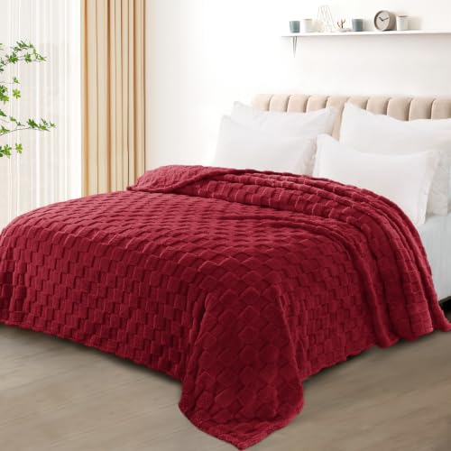 3D Checkered Fleece King Blanket for Bed (Burgundy / King (104"x90"))