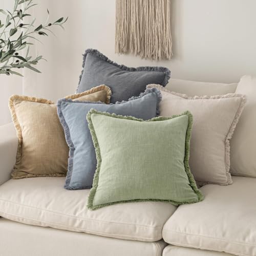 Linen Fringe Decorative Lumbar Throw Pillow Covers Sage Green 12x20 (20" x 12" (Pack of 2) / Sage Green)