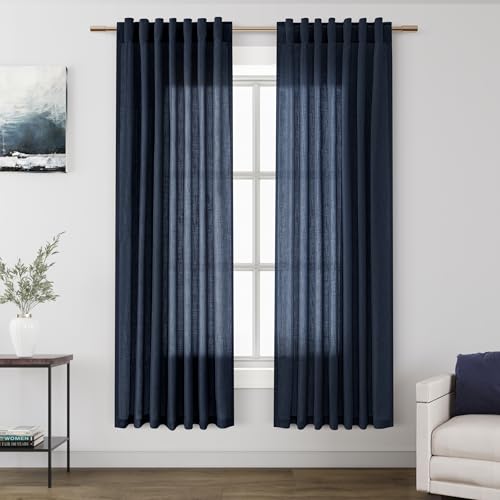 Navy Blue Semi Sheer Curtains 72 Inches Long 2 Panels Set for Bedroom Back Tab Rod Pocket Light Filtering Drapes Cotton Linen Textured Indigo Blue Farmhouse Living Room Curtain 52X72 (52"W x 72"L (Pack of 2) / Navy Blue)