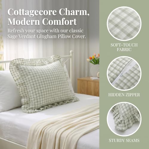 Plaid Ruffle Throw Pillow Shams (24" x 24" (Pack of 2) / Muted Sage Green Gingham)