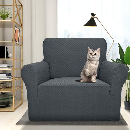 1 Piece Jacquard Chair Slipcovers for Living Room High Stretch Chair Covers with Arms Anti Slip Pets Friendly Couch Sofa Armchair Cover Furniture Protector (Small (31"-46") / Dark Grey)