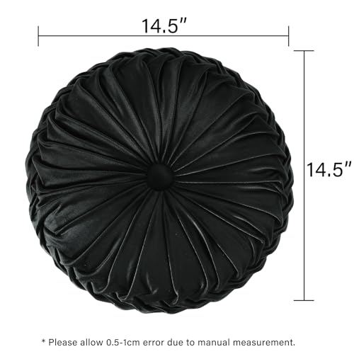 Set of 2 Black Velvet Decorative Round Pleated Throw Pillows (Black)