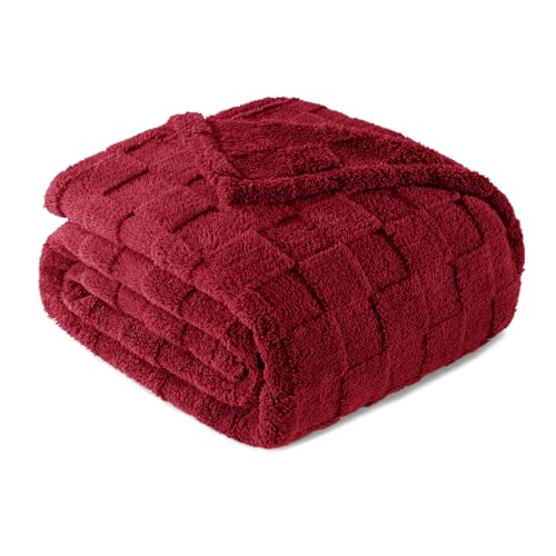 3D Checkered Fleece Throw Blanket for Couch (Burgundy / Throw (50"x60"))
