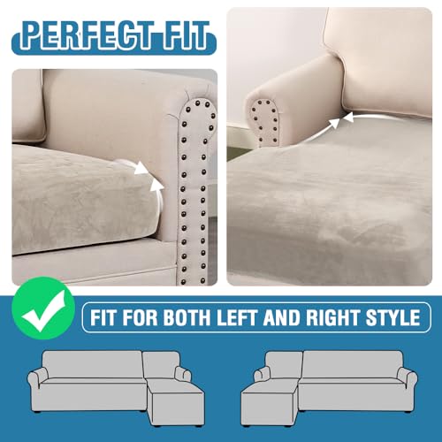 Velvet Stretch Sectional Couch Covers 4 Pieces Sofa Seat Cushion Covers L Shape Separate Couch Cover for Both Left (French Oak / 3 Seater + Chaise)