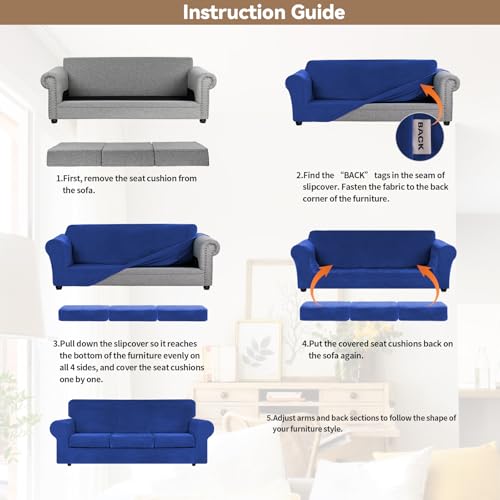 4 Pieces Couch Cover for Sofa Velvet Sofa Cover Washable (Large / Royal Blue)