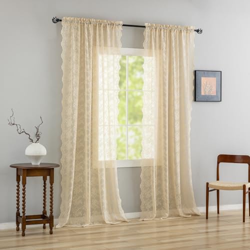 Vintage Lace Curtains 72 Inches Long (Beige / 52"W x 72"L (Pack of 2))