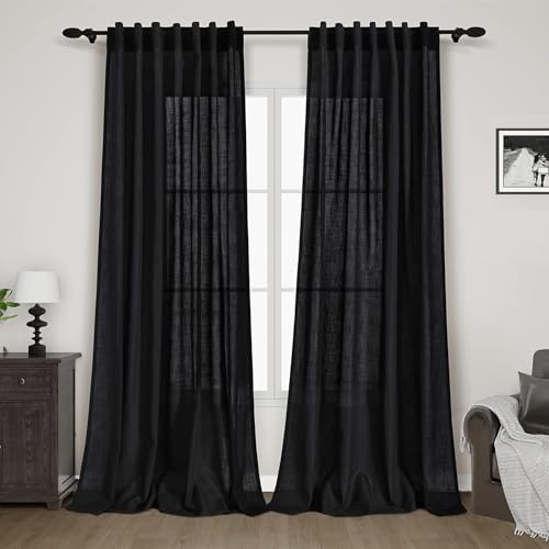 Balck Sheer Linen Curtains 94 inch Length for Bedroom Back Tab Rod Pocket Modern Farmhouse Muslin Look Cotton Textured Black Window Curtains 94 inches Long for Dining Room Living Office 2 Panels (52"W x 94"L (Pack of 2) / Black)