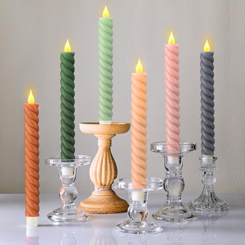 6 Pcs Fall Pastel Flameless Taper Candle Twisted 9.65 in Boho (Colorful)