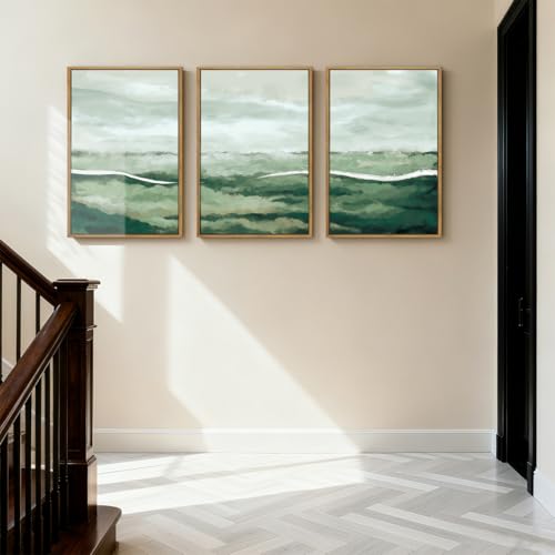 Large Green Abstract Framed Wall Art Set of 3 Sage Green Landscape Canvas Wall Decor 16x24 InchBeige Neutral Watercolor Lake Textured Illustrations Painting for Living Room Bedroom Dining Room (Green Neutral / 24"L x 16"W)