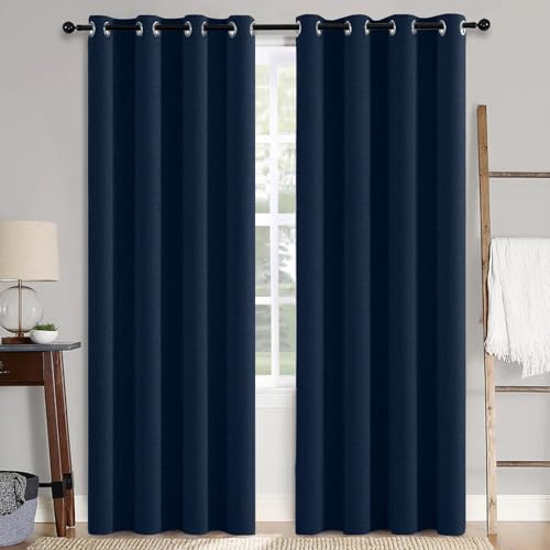 100% Blackout Linen Curtains for Bedroom 52x96 Inches Midnight Blue (Midnight Blue / 52"W x 96"L (Pack of 2))
