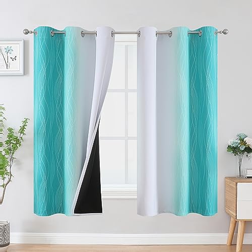 Teal and Grayish White Ombre Blackout Curtains for Living Room 63 Inch Long (Teal and Greyish White / 42"W x 63"L (Pack of 2))