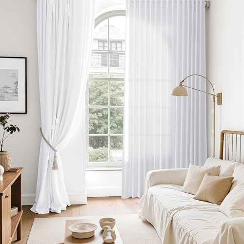 Snow White Linen Curtains 90 Inches Long for Living Room Light Filtering Semi Sheer Curtain Back Tab Luxury Neutral Coastal Modern Farmhouse Decor Drapes for Bedroom Dinner Room 52x90 (52"W x 90"L (Pack of 2) / Snow White)