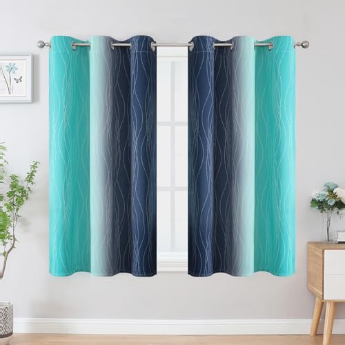 Navy Blue and Teal Gradient Blackout Curtains for Bedroom 54 Inches Long (Navy Blue and Teal / 42"W x 54"L (Pack of 2))