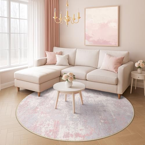 Washable Round 6ft Area Rug for Living Room Gray Pink (Gray/Pink / 6' (Round))