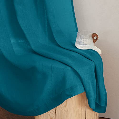 Semi Sheer Curtains Flax Linen Texture (52"W x 96"L (Pack of 2) / Peacock Green)