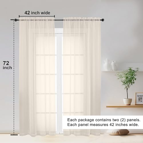 Sheer Curtains 72 Inches Long 2 Panels Set (Cream / 42"W x 72"L (Pack of 2))