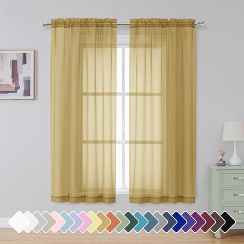 Rod Pocket Top Solid Voile Sheer Curtains for Bedroom (Gold / 42"W x 54"L (Pack of 2))