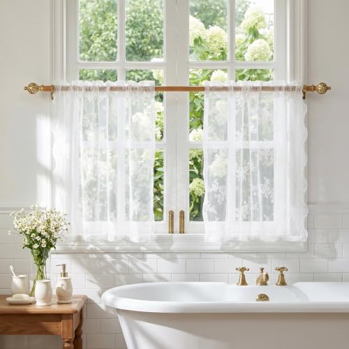 White Lace Tier Curtains 36 Inch Length for Cafe Over Sink (White / 26"W x 36"L (Pack of 2))
