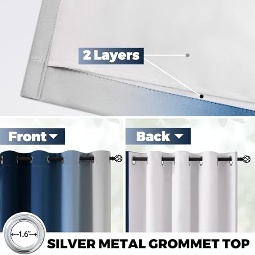 100% Blackout Curtains Ombre Blue Curtains for Bedroom 84 Inch (52"W x 84"L (Pack of 2) / Blue 2 Layers)
