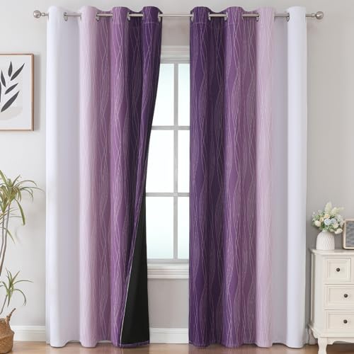 Purple and Greyish White Ombre Blackout Curtains for Bedroom 108 Inch Long (Purple and Greyish White / 52"W x 108"L (Pack of 2))