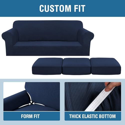 4 Piece Stretch Sofa Covers for 3 Cushion Couch Covers for Living Room Furniture Slipcovers (Large Plus / Navy)