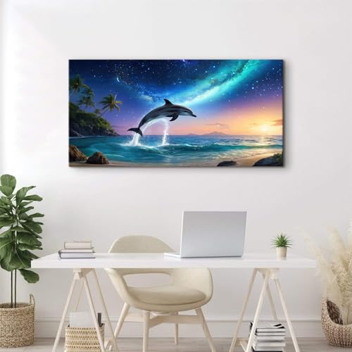 Blue Ocean Wall Art Dolphin Pictures Wall Decor Colorful Galaxy Nebula Starry Canvas Prints Painting Palm Tree Poster Modern Animal Seascape Artwork for Bedroom Living Room Home Decoration 24x48” (48"L x 24"W / Galaxy)