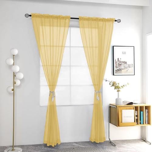 Solid Sheer Rod Pocket Curtain Voile Draperies 2 Panels White Beige Black Grey Ivory 52 Inch Width 45 Inch Long 1 Pair for Kitchen Bedroom Children Living Room Yard (Gold / 52"W x 45"L (Pack of 2))