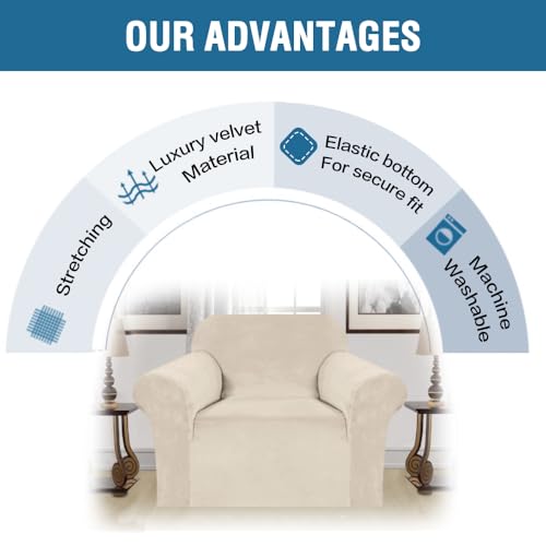 Stretch Velvet Armchair Cover Couch Covers 1 Cushion Chair Slipcover for Living Room Furniture Cover Crafted from Thick Comfy Rich Velour (Ivory / Armchair)