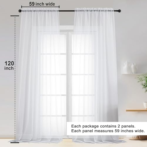 White Sheer Curtains 120 Inch Long 2 Panels for Living Room 59" Wide (White / 59"W x 120"L (Pack of 2))