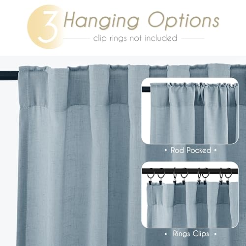 Dusty Blue Linen Curtains for Living Room Back Tab Light Filtering Semi Sheer Light Blue Bedroom Curtain Linen Cotton Textured Grey Blue Drapery Panel Airy Modern Farmhouse Aesthetic Decor 52x120 Long (Dusty Blue / 52"W x 120"L (Pack of 2))