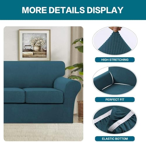4 Piece Sofa Covers for 3 Cushion Couch Sofa Slipcover Soft Couch Cover for Dogs Washable Furniture Cover with 3 Individual Large Cushion Covers Feature Fabric (L Sofa (3 Cushion) / Deep Teal)
