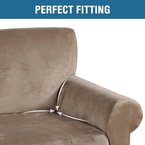Stretch Velvet Sofa Covers for 3 Cushion Couch Covers Sofa Slipcovers Furniture Protector Soft with Non Slip Elastic Bottom (Camel / Sofa)