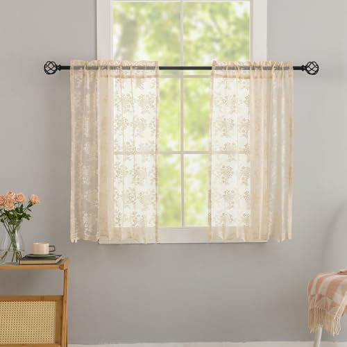Vintage Lace Curtains 24 inch Length 2 Panles Short Sheer Cafe Curtains for Windows (Beige / 26"W x 24"L (Pack of 2))