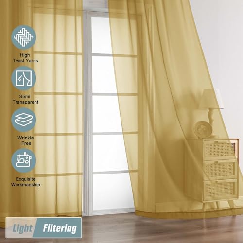 Gold Sheer Curtains for Window 96 Inches Long 2 Panels Set (42"W x 96"L (Pack of 2) / Gold)