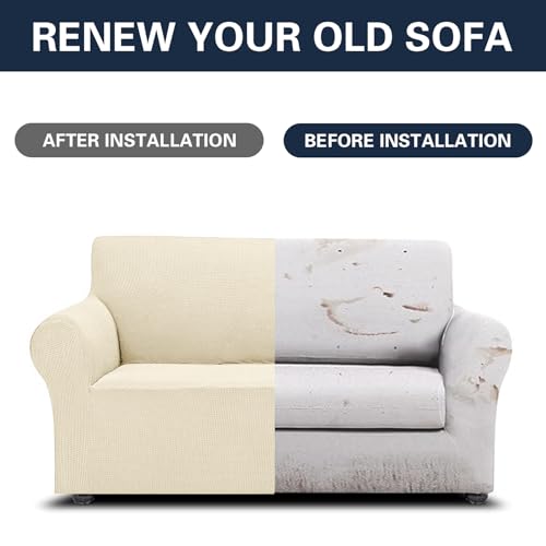 2025 New Stretch Loveseat Sofa Slipcovers Couch Cover for 2 Cushion Furniture Protector Sofa Covers with Elastic Bottom Small Checks for Pets (Beige / Loveseat)