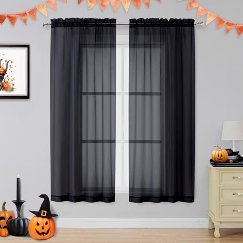 2 Panels Sheer Black Curtains 54 Inches Length Window Treatment for Kitchen (Black / 42"W x 54"L (Pack of 2))