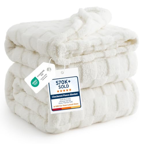 Checkered Soft Cozy Fleece Full Blanket for Bed (White / Full (84" X 90"))