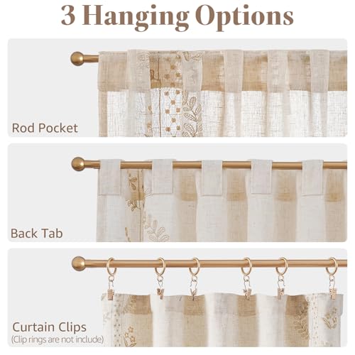 Beige Floral Linen Kitchen Tier Curtains 50x54 Inch 2 Panels (A| Beige / 50"W x 54"L (Pack of 2))