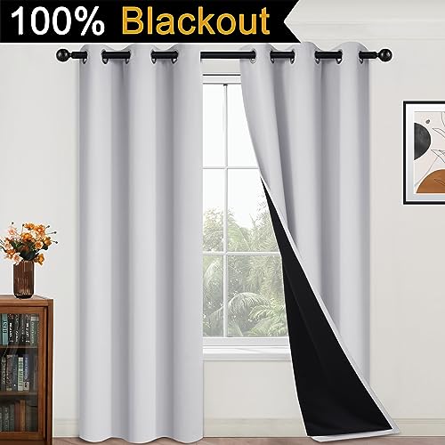 Greyish White 100% Blackout Curtains 84 Inches Long (42"W x 84"L (Pack of 2) / Greyish White)