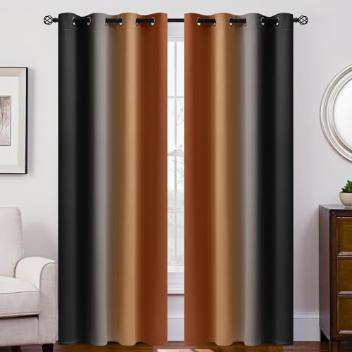 Ombre Burnt Orange and Black Room Darkening Curtains 84 inches (52"W x 84"L (Pack of 2) / Burnt Orange and Black)