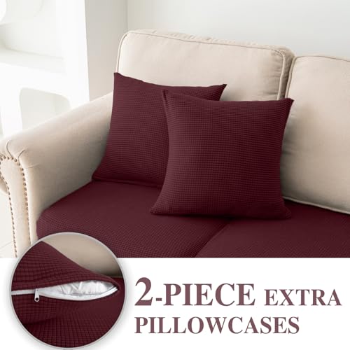 Couch Cushion Covers for Sectional Sofa L Shape Washable Separate Seat Chaise Couch Cover Stretch Sofa Slipcovers with 2 Pcs Pillowcases (Burgundy / Seat Only: 2 Seat + 1 Chaise)