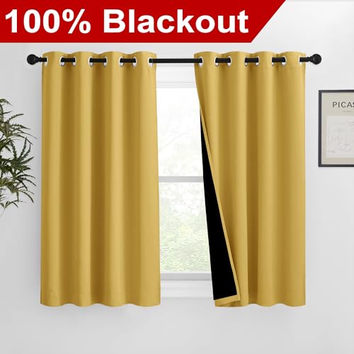 100% Blackout Curtains with Black Liners (Bright Yellow / 46"W x 54"L (Pack of 2))