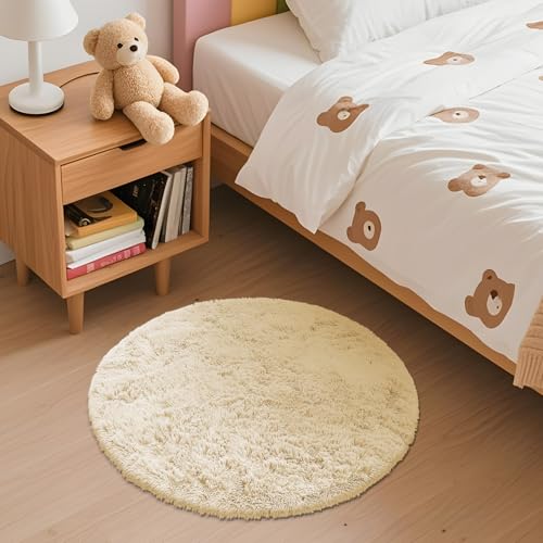 Cream Round Rugs for Bedroom (2 Ft Round / Cream)